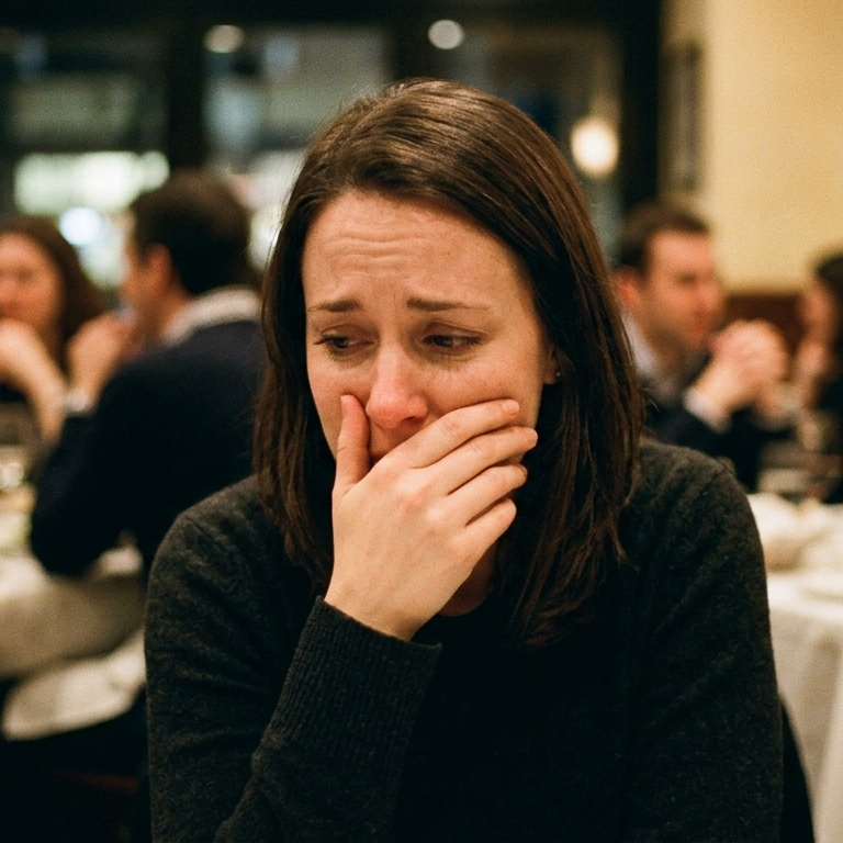 Woman embarrassed at dinner