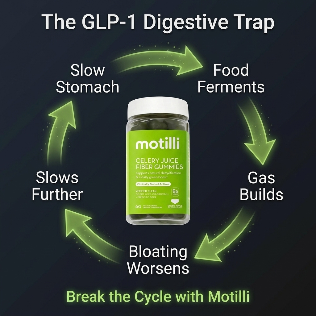 The GLP-1 digestive trap feedback loop - Slow Stomach, Food Ferments, Gas Builds, Bloating Worsens, Slows Further - broken by Motilli